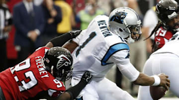Oct 2, 2016; Atlanta, GA, USA; Atlanta Falcons defensive end Dwight Freeney (93) sacks Carolina Panthers quarterback Cam Newton (1) in the second quarter of their game at the Georgia Dome. Mandatory Credit: Jason Getz-USA TODAY Sports