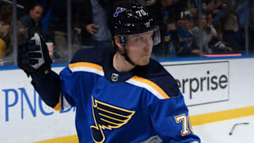 ST. LOUIS, MO - NOVEMBER 1: Oskar Sundqvist #70 of the St. Louis Blues celebrates his goal against the Vegas Golden Knights at Enterprise Center on November 1, 2018 in St. Louis, Missouri. (Photo by Scott Rovak/NHLI via Getty Images)