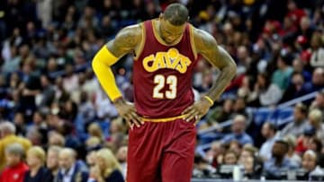 Dec 4, 2015; New Orleans, LA, USA; Cleveland Cavaliers forward LeBron James (23) reacts against the New Orleans Pelicans during the second half of a game at the Smoothie King Center.The Pelicans defeated the Cavaliers 114-108 in overtime. Mandatory Credit: Derick E. Hingle-USA TODAY Sports