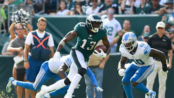 PHILADELPHIA, PENNSYLVANIA - SEPTEMBER 22: Nelson Agholor #13 of the Philadelphia Eagles carries the ball and scores a touchdown during their game against the Detroit Lions at Lincoln Financial Field on September 22, 2019 in Philadelphia, Pennsylvania. The Lions won 27-24. (Photo by Emilee Chinn/Getty Images)