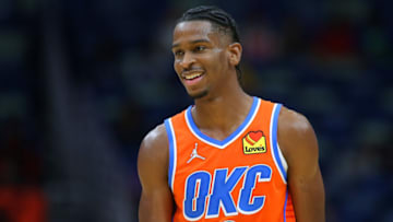Shai Gilgeous-Alexander #2 of the Oklahoma City Thunder reacts against the New Orleans Pelicans during a game at the Smoothie King Center on November 10, 2021 in New Orleans, Louisiana. (Photo by Jonathan Bachman/Getty Images)