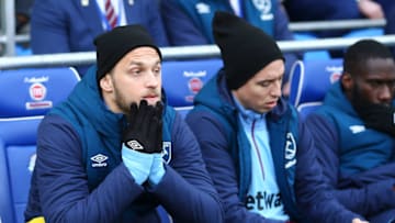 CARDIFF, WALES - MARCH 09: Marko Arnautovic of West Ham United looks on from the bench during the Premier League match between Cardiff City and West Ham United at Cardiff City Stadium on March 09, 2019 in Cardiff, United Kingdom. (Photo by Charlie Crowhurst/Getty Images)