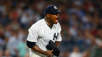 NEW YORK, NY - SEPTEMBER 19: Luis Severino #40 of the New York Yankees celebrates after striking out Mookie Betts #50 of the Boston Red Sox to end the top of the seventh inning at Yankee Stadium on September 19, 2018 in the Bronx borough of New York City. New York Yankees defeated the Boston Red Sox 10-1. (Photo by Mike Stobe/Getty Images)