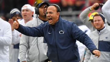 COLUMBUS, OH - OCTOBER 28: Head Coach James Franklin of the Penn State Nittany Lions cheers on his team against the Ohio State Buckeyes at Ohio Stadium on October 28, 2017 in Columbus, Ohio. Ohio State defeated Penn Statte 39-38. (Photo by Jamie Sabau/Getty Images)