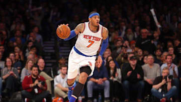 Mar 26, 2016; New York, NY, USA; New York Knicks small forward Carmelo Anthony (7) leads a break against the Cleveland Cavaliers during the fourth quarter at Madison Square Garden. Mandatory Credit: Brad Penner-USA TODAY Sports