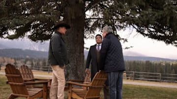 John (L- Kevin Costner) calls a meeting on the Dutton Ranch with Chief Rainwater (C-Gil Birmingham) and Dan Jenkins (R-Danny Huston) to discuss how to handle the Beck Brothers on Paramount Network's hit drama series "Yellowstone." Episode 8 - "Behind Us Only Grey" premieres on Wednesday, August 14 at 10 p.m., ET/PT on Paramount Network.