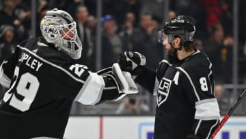 Dec 27, 2022; Los Angeles, California, USA; Los Angeles Kings goaltender Pheonix Copley (29) is congratulated by Los Angeles Kings defenseman Drew Doughty (8) after defeating the Vegas Golden Knights at Crypto.com Arena. Mandatory Credit: Jayne Kamin-Oncea-USA TODAY Sports