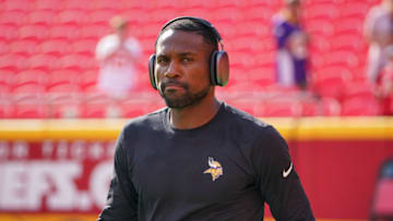 Aug 27, 2021; Kansas City, Missouri, USA; Minnesota Vikings cornerback Patrick Peterson (7) walks on field before the game against the Kansas City Chiefs at GEHA Field at Arrowhead Stadium. Mandatory Credit: Denny Medley-USA TODAY Sports