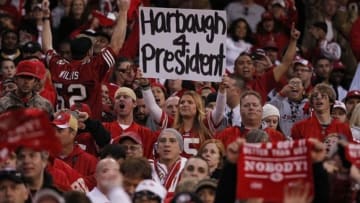 Jan 14, 2012; San Francisco, CA, USA; San Francisco 49ers fan holds up a sign for head coach Jim Harbaugh (not pictured) during the fourth quarter of the 2011 NFC divisional playoff game against the New Orleans Saints at Candlestick Park. The 49ers defeated the Saints 36-32. Mandatory Credit: Cary Edmondson-USA TODAY Sports