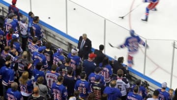 May 18, 2015; New York, NY, USA; Fans watch the New York Rangers warm up before game two of the Eastern Conference Final of the 2015 Stanley Cup Playoffs against the Tampa Bay Lightning at Madison Square Garden. Mandatory Credit: Brad Penner-USA TODAY Sports
