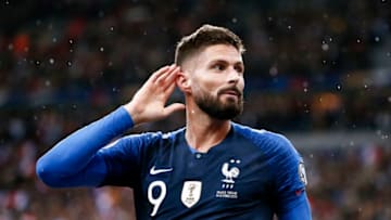 SAINT-DENIS, FRANCE - OCTOBER 14: Olivier Giroud #9 of France celebrates his goal during the UEFA Euro 2020 qualifier match between France and Turkey on October 14, 2019 in Saint-Denis, France. (Photo by Catherine Steenkeste/Getty Images)