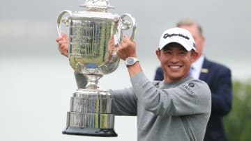 SAN FRANCISCO, CALIFORNIA - AUGUST 09: Collin Morikawa of the United States celebrates with the Wanamaker Trophy after the final round of the 2020 PGA Championship at TPC Harding Park on August 09, 2020 in San Francisco, California. (Photo by Tom Pennington/Getty Images)