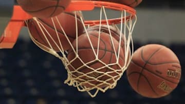Feb 14, 2015; Pittsburgh, PA, USA; Detail view of basketballs being shot into the hoop before the Pittsburgh Panthers host the North Carolina Tar Heels at the Petersen Events Center. Pittsburgh won 89-76. Mandatory Credit: Charles LeClaire-USA TODAY Sports