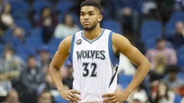 Jan 10, 2016; Minneapolis, MN, USA; Minnesota Timberwolves center Karl-Anthony Towns (32) looks on during the second half against the Dallas Mavericks at Target Center. The Mavericks won 93-87. Mandatory Credit: Jesse Johnson-USA TODAY Sports
