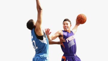 TARRY TOWN, NY - AUGUST 8: Karl-Anthony Towns #32 of the Minnesota Timberwolves poses for a photo with Devin Booker #1 of the Phoenix Suns during the 2015 NBA Rookie Shoot on August 8, 2015 at the Madison Square Garden Training Center in Tarrytown, New York. NOTE TO USER: User expressly acknowledges and agrees that, by downloading and/or using this Photograph, user is consenting to the terms and conditions of the Getty Images License Agreement. Mandatory Copyright Notice: Copyright 2015 NBAE (Photo by Nathaniel S. Butler/NBAE via Getty Images)