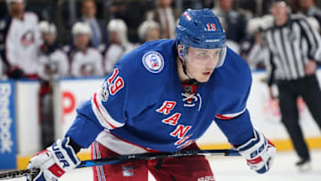 NEW YORK, NY - JANUARY 31: Jesper Fast #19 of the New York Rangers looks on during a face-off against the Columbus Blue Jackets at Madison Square Garden on January 31, 2017 in New York City. The Columbus Blue Jackets won 6-4. (Photo by Jared Silber/NHLI via Getty Images)