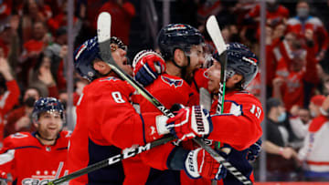 Tom Wilson, Nicklas Backstrom, Alex Ovechkin, Washington Capitals Mandatory Credit: Geoff Burke-USA TODAY Sports