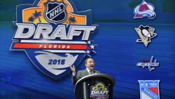 Jun 26, 2015; Sunrise, FL, USA; NHL commissioner Gary Bettman addresses the crowd before the first round of the 2015 NHL Draft at BB&T Center. Mandatory Credit: Steve Mitchell-USA TODAY Sports