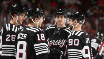 Dawson Mercer #18,Yegor Sharangovich #17 and Tomas Tatar #90 of the New Jersey Devils. (Photo by Elsa/Getty Images)