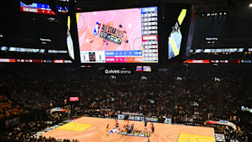 Ja Morant #12 of the Memphis Grizzlies grabs the tip to start the 2023 NBA All Star Game between Team Giannis and Team LeBron at Vivint Arena on February 19, 2023 in Salt Lake City, Utah. (Photo by Alex Goodlett/Getty Images)
