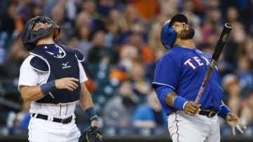 Aug 20, 2015; Detroit, MI, USA; Detroit Tigers catcher James McCann (34) and Texas Rangers designated hitter Prince Fielder (84) watch a ball hit by Fielder go up for a high pop in the fourth inning at Comerica Park. Mandatory Credit: Rick Osentoski-USA TODAY Sports