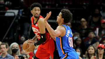 Houston Rockets center Christian Wood (35) handles the ball while OKC Thunder forward Jeremiah Robinson-Earl (50) defends : Erik Williams-USA TODAY Sports