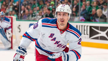 Feb 27, 2016; Dallas, TX, USA; New York Rangers left wing Chris Kreider (20) skates against the Dallas Stars at the American Airlines Center. The Rangers defeat the Stars 3-2. Mandatory Credit: Jerome Miron-USA TODAY Sports