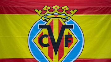 BELFAST, NORTHERN IRELAND - AUGUST 11: Th Villarreal CF badge on a fans flag before the UEFA Super Cup between Chelsea and Villarreal CF at Windsor Park on August 11, 2021 in Belfast, Northern Ireland. (Photo by Visionhaus/Getty Images)