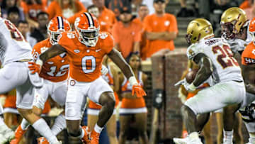 Clemson linebacker Barrett Carter (0) looks to tackle Boston College running back Alec Sinkfield (26) during the second quarter at Memorial Stadium in Clemson, S.C., October 2, 2021.Ncaa Football Acc Clemson Boston College