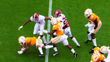 Tennessee wide receiver Velus Jones Jr. (1) runs the ball during the Alabama and Tennessee football game at Neyland Stadium at the University of Tennessee in Knoxville, Tenn., on Saturday, Oct. 24, 2020.Tennessee Vs Alabama Football 100315