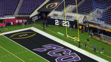 Jan 9, 2023; Inglewood, CA, USA; A general view of the stadium and logos on the field before the CFP national championship game between the TCU Horned Frogs and Georgia Bulldogs at SoFi Stadium. Mandatory Credit: Kirby Lee-USA TODAY Sports