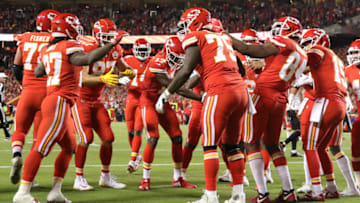 KANSAS CITY, MO - OCTOBER 21: The Chiefs celebrate a first quarter touchdown reception by running back Kareem Hunt (27) with a dance line during a week 7 NFL game between the Cincinnati Bengals and Kansas City Chiefs on October 21, 2018 at Arrowhead Stadium in Kansas City, MO. The Chiefs won 45-10. (Photo by Scott Winters/Icon Sportswire via Getty Images)