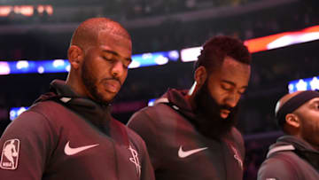 LOS ANGELES, CA - DECEMBER 3: Chris Paul #3 of the Houston Rockets and James Harden #13 of the Houston Rockets during the national anthem before the game against the Los Angeles Lakers on December 3, 2017 at STAPLES Center in Los Angeles, California. NOTE TO USER: User expressly acknowledges and agrees that, by downloading and or using this photograph, user is consenting to the terms and conditions of the Getty Images License Agreement. Mandatory Copyright Notice: Copyright 2017 NBAE (Photo by Adam Pantozzi/NBAE via Getty Images)