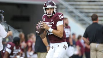 Sep 16, 2023; College Station, Texas, USA; Texas A&M Aggies quarterback Conner Weigman (15) warms up before the game against the Louisiana Monroe Warhawks at Kyle Field. Mandatory Credit: Troy Taormina-USA TODAY Sports