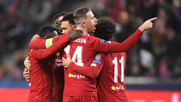 SALZBURG, AUSTRIA - DECEMBER 10: Naby Keita of Liverpool celebrates with Jordan Henderson and team mates after he scores his team's first goal during the UEFA Champions League group E match between RB Salzburg and Liverpool FC at Red Bull Arena on December 10, 2019 in Salzburg, Austria. (Photo by Michael Regan/Getty Images)