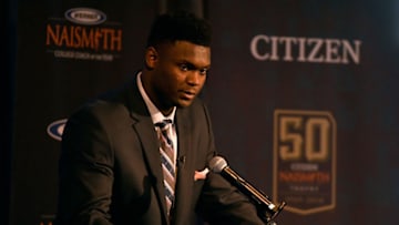 MINNEAPOLIS, MN - APRIL 07: 2019 Citizen Naismith Men's College Player of the Year Zion Williamson of the Duke Blue Devils speaks during the 2019 Naismith Awards Brunch at the Nicolette Island Pavilion on April 7, 2019 in Minneapolis, Minnesota. (Photo by Hannah Foslien/Getty Images)