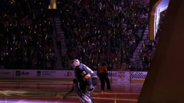 LAS VEGAS, NEVADA - OCTOBER 12: Robin Lehner #90 of the Vegas Golden Knights takes to the ice for a game against the Seattle Kraken during the Kraken's inaugural regular-season game at T-Mobile Arena on October 12, 2021 in Las Vegas, Nevada. The Golden Knights defeated the Kraken 4-3. (Photo by Ethan Miller/Getty Images)