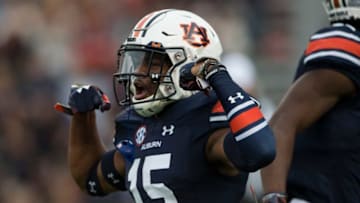 Auburn football defensive back Jordyn Peters (15) celebrates after blocking a Liberty punt at Jordan-Hare Stadium in Auburn, Ala., on Saturday, Nov.. 17, 2018.Jc Auburnlib 35