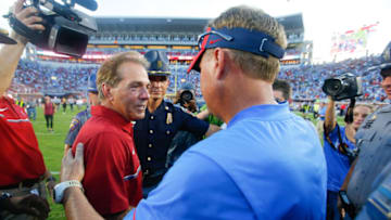 Nick Saban told reporters at SEC Media Days 2023 that Auburn football head coach Hugh Freeze's history "speaks for itself" (Photo by Kevin C. Cox/Getty Images)