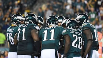 Sep 25, 2016; Philadelphia, PA, USA; Philadelphia Eagles quarterback Carson Wentz (11) leads the huddle in the fourth quarter against the Pittsburgh Steelers at Lincoln Financial Field. Mandatory Credit: James Lang-USA TODAY Sports