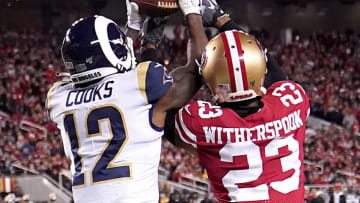 SANTA CLARA, CALIFORNIA - DECEMBER 21: Wide receiver Brandin Cooks #12 of the Los Angeles Rams catches a touchdown over cornerback Ahkello Witherspoon #23 of the San Francisco 49ers in the first quarter of the game at Levi's Stadium on December 21, 2019 in Santa Clara, California. (Photo by Thearon W. Henderson/Getty Images)