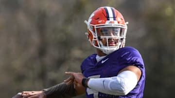 Clemson quarterback D.J. Uiagalelei(5) throws during football practice in Clemson, S.C. Friday, March 5, 2021.Clemson Spring Football Practice