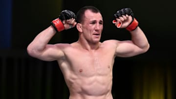 LAS VEGAS, NEVADA - JUNE 13: In this handout image provided by UFC, Merab Dvalishvili of Georgia reacts after the conclusion of his fight against Gustavo Lopez during the UFC Fight Night event at UFC APEX on June 13, 2020 in Las Vegas, Nevada. (Photo by Chris Unger/Zuffa LLC via Getty Images)