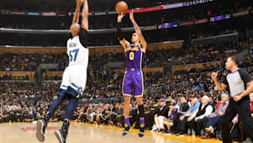 LOS ANGELES, CA - NOVEMBER 7: Kyle Kuzma #0 of the Los Angeles Lakers shoots the ball against the Minnesota Timberwolves on November 7, 2018 at STAPLES Center in Los Angeles, California. NOTE TO USER: User expressly acknowledges and agrees that, by downloading and/or using this Photograph, user is consenting to the terms and conditions of the Getty Images License Agreement. Mandatory Copyright Notice: Copyright 2018 NBAE (Photo by Andrew D. Bernstein/NBAE via Getty Images)