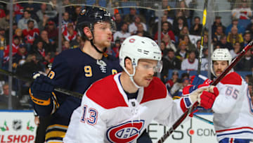 BUFFALO, NY - NOVEMBER 23: Max Domi #13 of the Montreal Canadiens skates against Jack Eichel #9 of the Buffalo Sabres during an NHL game on November 23, 2018 at KeyBank Center in Buffalo, New York. (Photo by Rob Marczynski/NHLI via Getty Images)