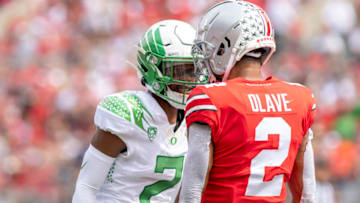 COLUMBUS, OH - SEPTEMBER 11: Cornerback Mykael Wright #2 of the Oregon Ducks gets in the face of wide receiver Chris Olave #2 of the Ohio State Buckeyes during the first quarter at Ohio Stadium on September 11, 2021 in Columbus, Ohio. (Photo by Gaelen Morse/Getty Images)