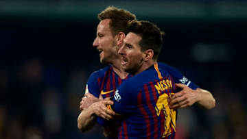 VILLAREAL, SPAIN - APRIL 02: Lionel Messi of Barcelona and Ivan Rakitic of Barcelona celebrate after the fourth goal of his team scored by Luis Suarez (not in frame) during the La Liga match between Villarreal CF and FC Barcelona at Estadio de la Ceramica on April 02, 2019 in Villareal, Spain. (Photo by Manuel Queimadelos Alonso/Getty Images)