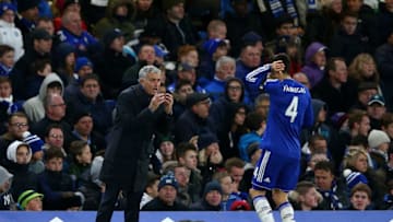 LONDON, ENGLAND - NOVEMBER 21: Jose Mourinho (L) Manager of Chelsea instructs to Cesc Fabregas (R) during the Barclays Premier League match between Chelsea and Norwich City at Stamford Bridge on November 21, 2015 in London, England. (Photo by Paul Gilham/Getty Images)