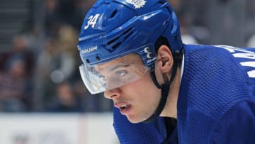 TORONTO, ON - MARCH 31: Auston Matthews #34 of the Toronto Maple Leafs waits for a faceoff against the Winnipeg Jets during an NHL game at the Air Canada Centre on March 31, 2018 in Toronto, Ontario, Canada. The Jets defeated the Maple Leafs 3-1. (Photo by Claus Andersen/Getty Images) *** Local Caption *** Auston Matthews