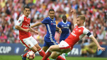LONDON, ENGLAND - MAY 27: Per Mertesacker of Arsenal attempts to block a shot from Eden Hazard of Chelsea during The Emirates FA Cup Final between Arsenal and Chelsea at Wembley Stadium on May 27, 2017 in London, England. (Photo by Mike Hewitt/Getty Images)